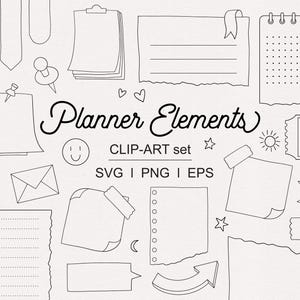 Può includere: Una collezione di elementi per planner in arte lineare in bianco e nero, inclusi foglietti adesivi, quaderni a spirale, nastri, buste e puntine. Il testo recita Planner Elements CLIP-ART set SVG | PNG | EPS, accompagnato da piccoli cuori, un sole, una stella e una luna disegnati a mano.