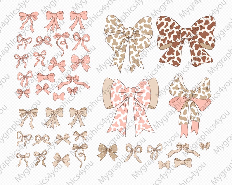 Pu&ograve; includere: Una collezione di 25 diversi design di fiocchi in rosa e marrone con motivi a stampa di mucca. I fiocchi sono perfetti per aggiungere un tocco di fantasia a qualsiasi progetto.