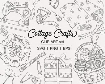 Paquete de sellos digitales Cottage Crafts Studio Outline / Páginas para colorear de costura, bordado y tejido, arte lineal para sala de manualidades PNG SVG