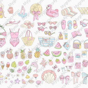 Peut inclure: Une collection d'illustrations estivales dessin&eacute;es &agrave; la main, aux couleurs pastel. L'image comprend un flotteur flamant rose, des lunettes de soleil, des maillots de bain, des sacs de plage et divers fruits tropicaux. Le th&egrave;me g&eacute;n&eacute;ral est les vacances et les loisirs.