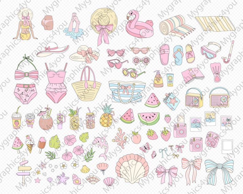Peut inclure: Une collection d'illustrations estivales dessin&eacute;es &agrave; la main, aux couleurs pastel. L'image comprend un flotteur flamant rose, des lunettes de soleil, des maillots de bain, des sacs de plage et divers fruits tropicaux. Le th&egrave;me g&eacute;n&eacute;ral est les vacances et les loisirs.