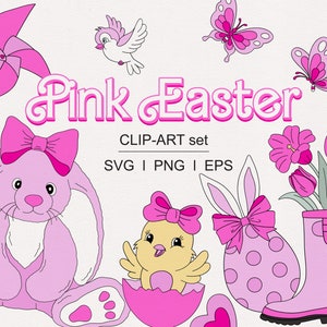 Barbie Coniglio Pasquale Rosa Uova di Pasqua Caccia ai Fiori Primaverili clipart set PNG SVG download digitale
