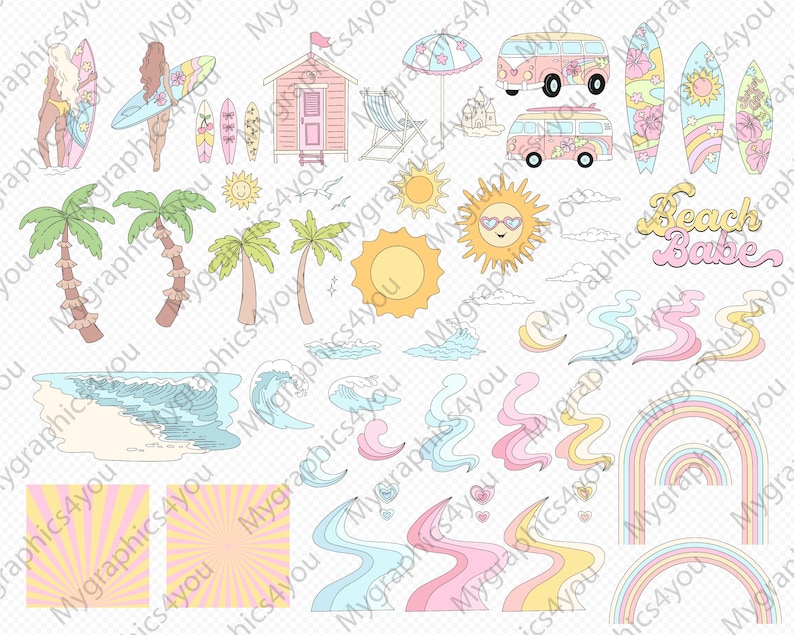 Peut inclure: Ensemble d'illustrations sur le th&egrave;me de la plage aux couleurs pastel. Comprend des planches de surf, des palmiers, une cabane de plage, un soleil avec des lunettes de soleil, des vagues, un arc-en-ciel et le texte "Beach Babe".