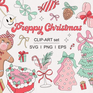Puede incluir: Una colección de elementos de clip art navideños coloridos. Incluye un hombre de jengibre, un árbol de Navidad, caramelos, regalos y el texto "Preppy Christmas". El clip art es de estilo retro con colores pastel.