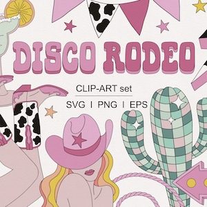 Western Groovy Disco Rodeo Bachelorette party Disco ball Disco cowgirl Cow print Cocktails clipart set PNG SVG digital download