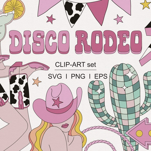 Western Groovy Disco Rodeo Bachelorette party Disco ball Disco cowgirl Cow print Cocktails clipart set PNG SVG digital download