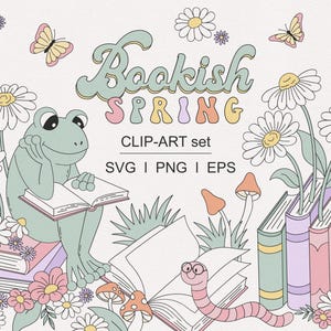Floral rétro livresques printemps Pâques livre lecteur amateur club de lecture grenouille lapin livre ver clipart sublimation ensemble PNG SVG