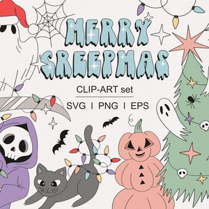 May include: A digital clip art set with a spooky Christmas theme. The set includes a ghost, a reaper, a pumpkin, a cat, a Christmas tree, and a star. The text "Merry Creepmas" is written in blue letters with a dripping effect. The text "Clip-Art set" is written in black letters. The text "SVG | PNG | EPS" is written in black letters.
