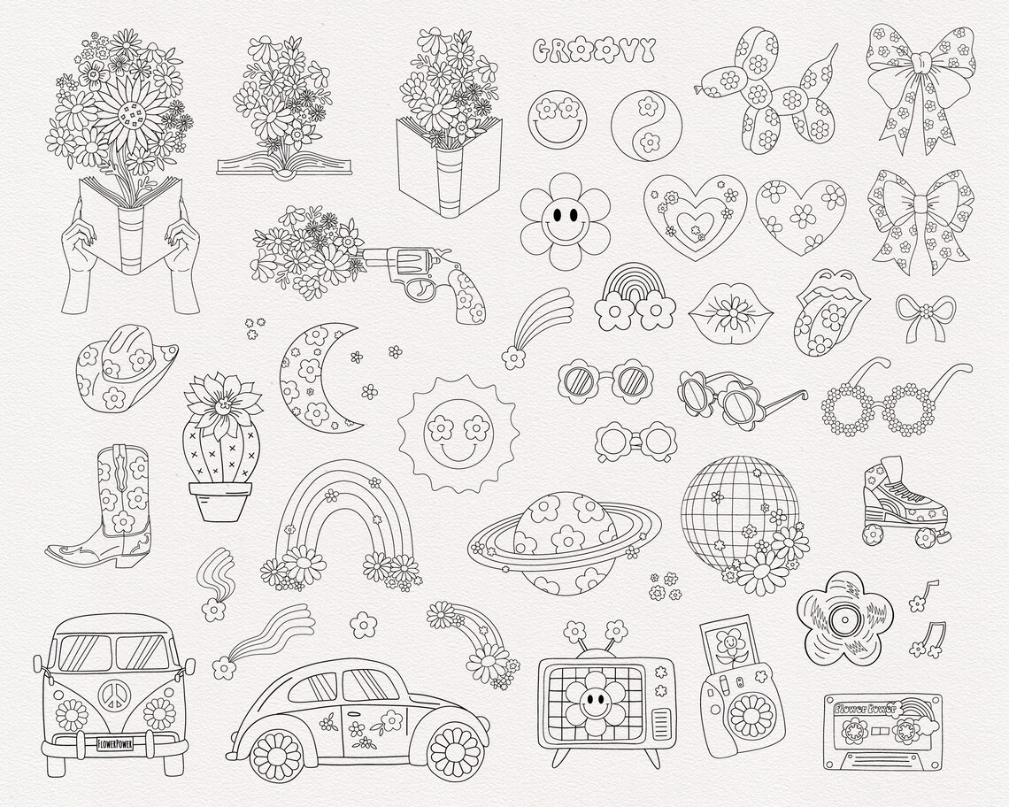 Retro 70s Flower Outline Clipart Set | Groovy Boho Floral Graphics ...