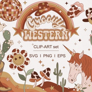 Retro 60s 70s Groovy Hippie Western Smiley Cowboy Daisy Unicorn Desert Cactus Cow print clipart set Individual PNG SVG digital download