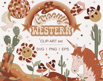 Retro anni '60 anni '70 Groovy Hippie Western Smiley Cowboy Margherita Unicorno Deserto Cactus Mucca stampa clipart set Individuale PNG SVG download digitale