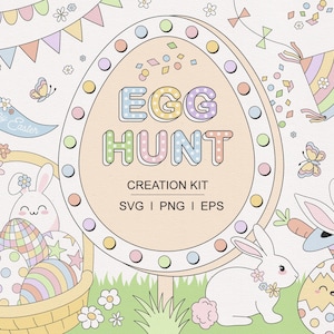 May include: A pastel Easter-themed illustration featuring the words "EGG HUNT". The image includes a basket of decorated eggs, bunnies, butterflies, kites, and a flag that says "Happy Easter". The design is suitable for a creation kit.