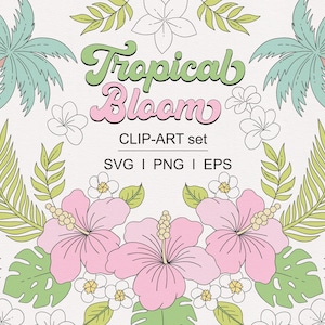 Retro Sommer Pastell Tropischer Dschungel Blätter Blumen Palme Clipart Set, Monstera Blatt Hibiskus Floral für Sublimation, Aufkleber, Einladungen