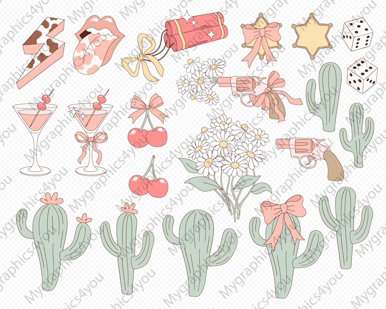 Pu&ograve; includere: Un set di illustrazioni digitali che presentano una variet&agrave; di design carini e stravaganti, tra cui cactus, ciliegie, margherite, un fulmine, una lingua, un fiocco, una stella, dadi, una dinamite, una pistola e cocktail. Le illustrazioni sono disegnate in uno stile semplice e cartonato e sono perfette per l'uso in progetti digitali.