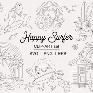 Peut inclure: Ensemble de clip art noir et blanc sur le thème du surf. Comprend un requin, un dauphin, un soleil et des éléments de plage. Le texte "Happy Surfer" est affiché en écriture cursive, avec "CLIP-ART set" et des informations sur le type de fichier.