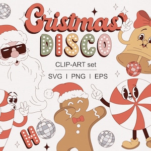 Groovy Christmas Disco Party Santa Deer Snowman Xmas tree Peppermint candy Gingerbread Retro Xmas Character clipart set digital download