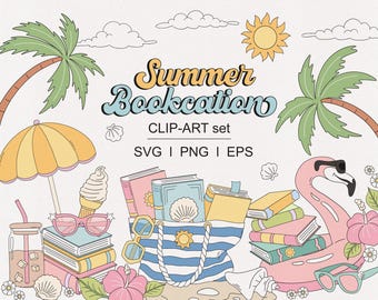 Rétro livresque Summer Bookcation Summer Beach saison Book Club Reading Girl clipart sublimation ensemble Téléchargement numérique PNG SVG