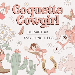 Pu&ograve; includere: Un set di clipart digitale che include una testa di cavallo rosa e bianca, un cappello da cowboy con un nastro rosa, un ferro di cavallo con un fiocco rosa, due cactus, uno stivale con un fiocco rosa, un mazzo di margherite bianche, due farfalle e ciliegie con un fiocco rosa. Il testo "Coquette Cowgirl" &egrave; in lettere rosa e bianche. Il testo "CLIP-ART set" &egrave; in lettere nere. Il testo "SVG | PNG | EPS" &egrave; in lettere nere.