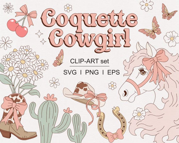 Pink Girly Coquette Cowgirl Bow Cute Horse Cowgirl Boots Hat Coquettish Western Howdy Rodeo clipart set PNG SVG digital download