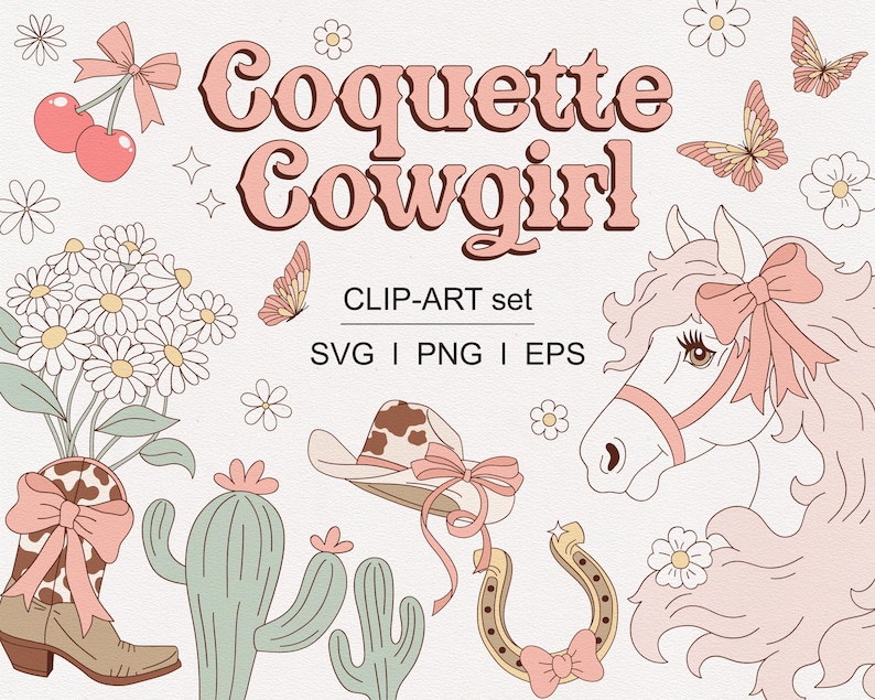 Pu&ograve; includere: Un set di clipart digitale che include una testa di cavallo rosa e bianca, un cappello da cowboy con un nastro rosa, un ferro di cavallo con un fiocco rosa, due cactus, uno stivale con un fiocco rosa, un mazzo di margherite bianche, due farfalle e ciliegie con un fiocco rosa. Il testo "Coquette Cowgirl" &egrave; in lettere rosa e bianche. Il testo "CLIP-ART set" &egrave; in lettere nere. Il testo "SVG | PNG | EPS" &egrave; in lettere nere.