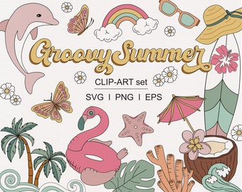 Rétro groovy été Boho Hippie Aloha vacances d'été Surf Daisy Sun smiley créature de la mer Fruits clipart ensemble PNG SVG téléchargement numérique