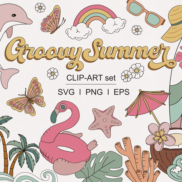 Retro Groovy Summer Boho Hippie Aloha summer vacation Surf Daisy Sun smiley face Sea creature Fruits clipart set PNG SVG digital download