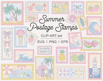 Ensemble de cliparts esthétiques de timbre-poste pastel rétro mignon d'été ensemble d'autocollants PNG pour la journalisation, le scrapbooking, les agendas numériques et l'art du collage