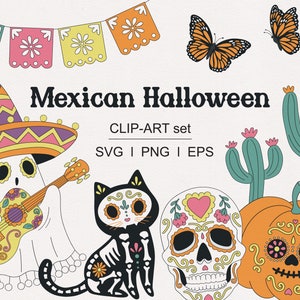 Mexicaanse Halloween Sugar Scull Ghost Day of the Dead Dia De Los Muertos Skeleton Cat clipart set PNG SVG digitale download