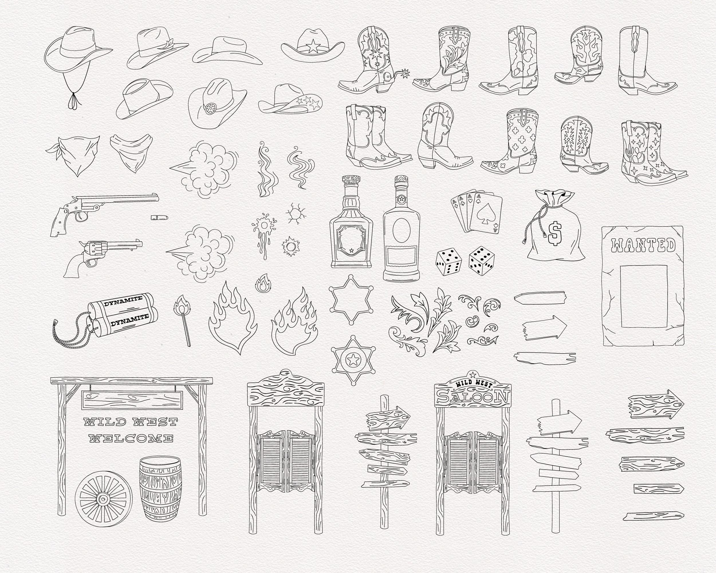 Western R Outline Wild West Outline Bundle, Cowboy Cowgirl Linear Clipart, Western ...