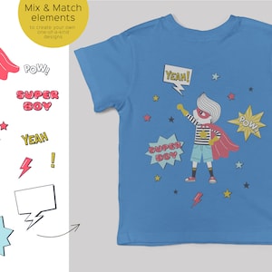 May include: A blue t-shirt with a superhero design. The design includes a cartoon superhero with a red cape, a yellow star, and the words "Super Boy" and "Yeah!" in a colorful font.