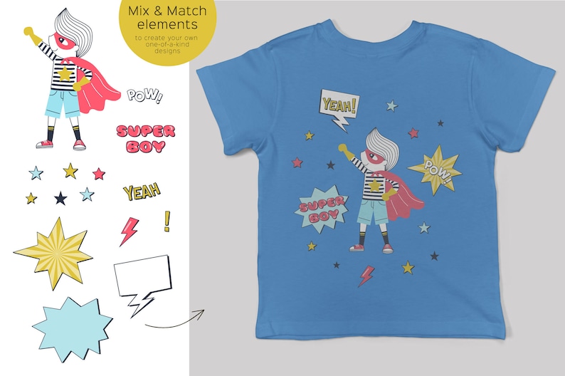 May include: A blue t-shirt with a superhero design. The design includes a cartoon superhero with a red cape, a yellow star, and the words "Super Boy" and "Yeah!" in a colorful font.