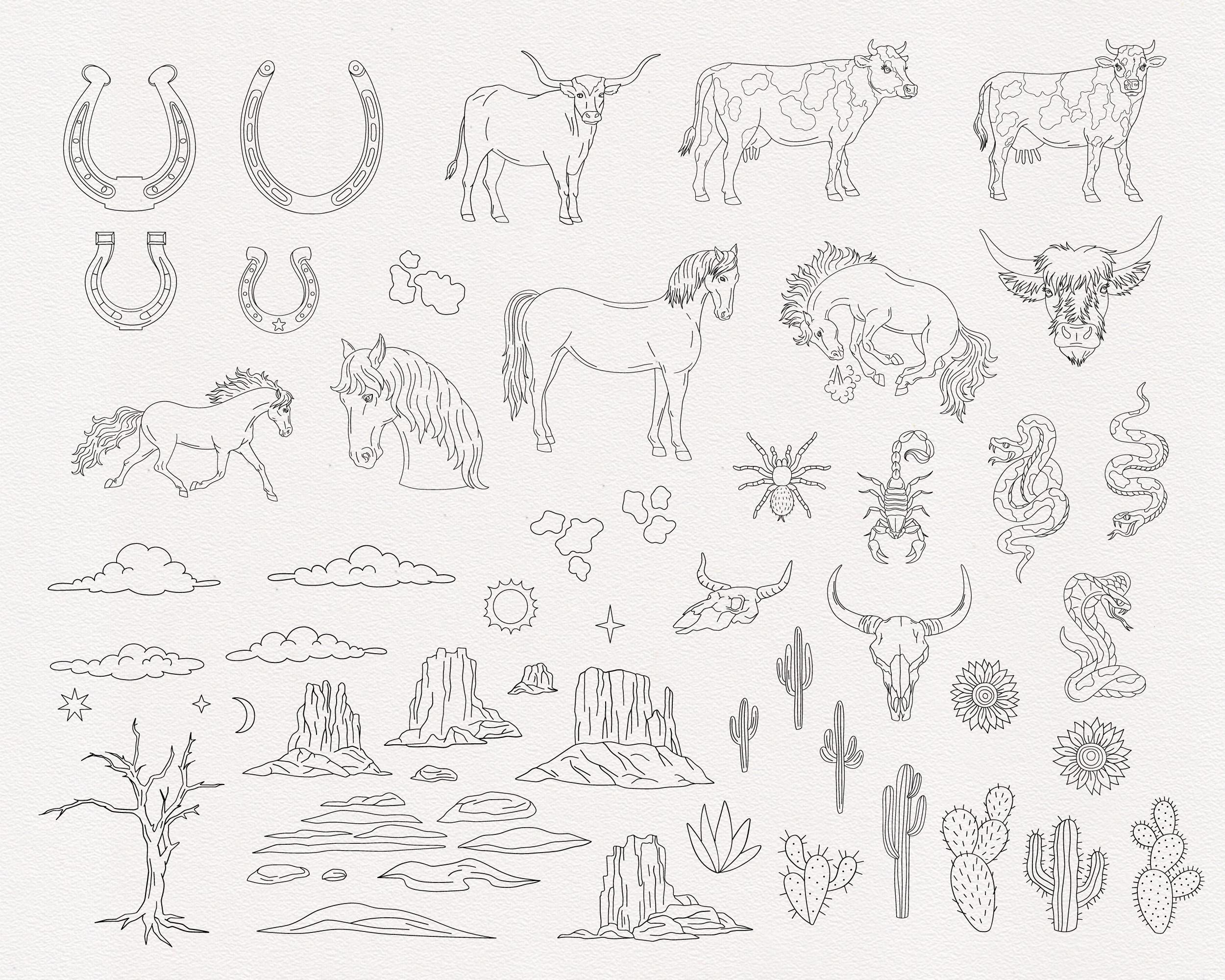 Western R Outline Wild West Outline Bundle, Cowboy Cowgirl Linear Clipart, Western ...