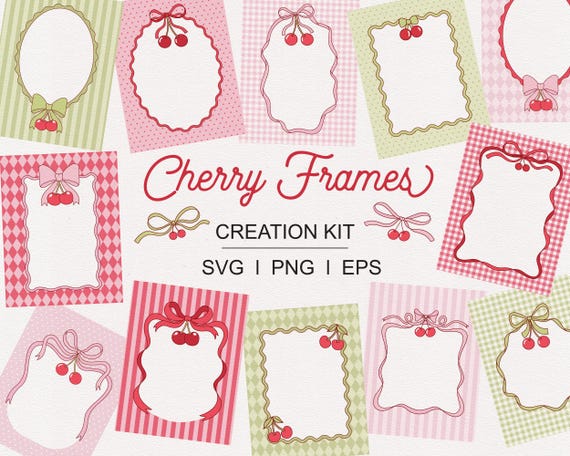 Retro Cherry Frame Clipart Kit PNG | Coquette Frame Builder Kit | Cherry Labels & Backgrounds | Scrapbook Frames, Canva Templates, Cards Kit