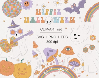 Retro 60s 70s Groovy Hippie Halloween Smilie Daisy Flower Power Ghost Witch Psychedelic clipart set Individual PNG SVG digital Files Element