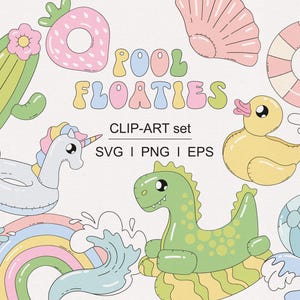 Retro Pastel Summer Groovy Pool Floaties Swimming Ring Inflatable Tube Water Splashes Fun Pool Beach Party Float PNG clipart set