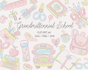 Grand Millennial Preppy Teacher School Clipart Set – Vintage Back to School Digital Graphics, Cozy Coquette Cottagecore Classroom Decor