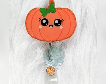 Pumpkin Badge Reel, Kawaii Fall Badge Reel, Interchangeable Acrylic Topper