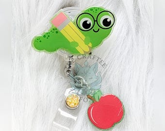 Bookworm Badge Reel, Teacher Badge Reel, Interchangeable Acrylic Topper