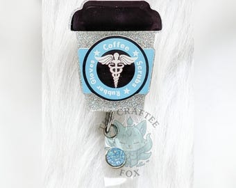 Coffee Scrubs Rubber Gloves Badge Reel, Nurse Badge Reel, Interchangeable Acrylic Topper