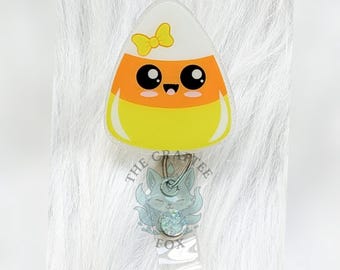 Candy Corn Badge Reel, Cute Halloween ID Badge Holder, Interchangeable Acrylic Topper
