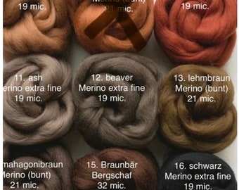 Kammzug MERINO…Bergschaf Wolle Haare HAARFARBEN (ab 46 Euro/kg) 19/21/32 mic. Feen Elfen Waldorf braun…Rost…schwarz Farbwahl