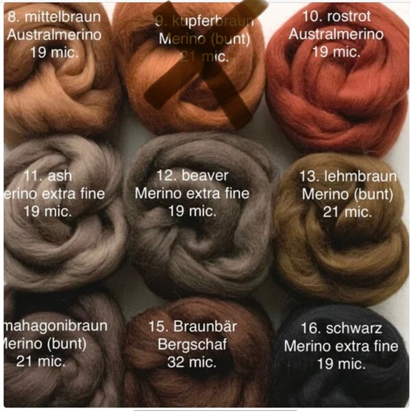 Kammzug MERINO…Bergschaf Wolle Haare HAARFARBEN (ab 46 Euro/kg) 19/21/32 mic. Feen Elfen Waldorf braun…Rost…schwarz Farbwahl