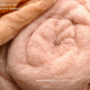 Pode incluir: Close-up de dois tipos de fibras de lã. A fibra superior é de cor laranja claro e está etiquetada como "FANTASIA 18 MIC. (hier nur zum Vergleich)". A fibra inferior é de cor rosa claro e está etiquetada como "AustralMERINO im VLIES 21 mic."