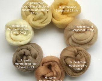 Kammzug MERINO BERGSCHAF Wolle Haare HAARFARBEN (ab 46 Euro/kg)  19-32 mic. Feen Elfen Waldorf blond braun Rost Farbwahl