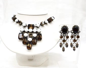Vintage “JL Blin Paris” Antiqued Goldtone Glass & Crystal Neckpiece and Clip-Earrings