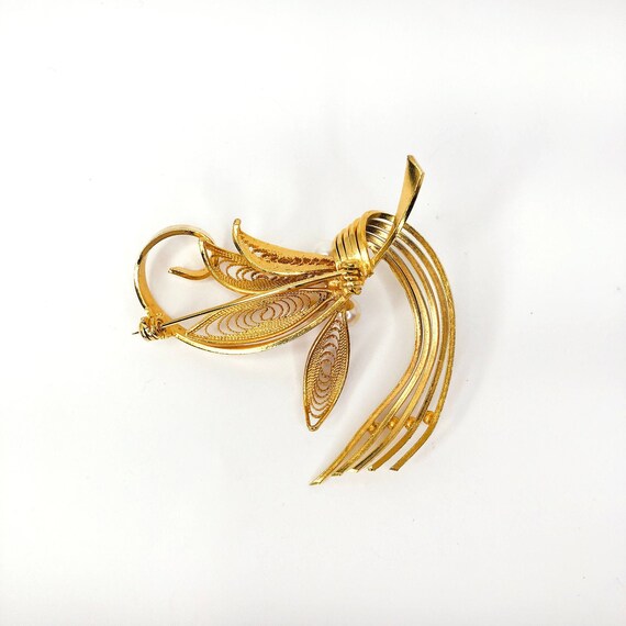 Late 1950’s Goldplate Filigree-style Brooch with … - image 3
