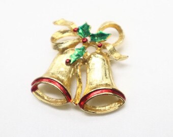 Vintage Signed “Gerrys” Goldtone & Enamel Christmas Bells Pin