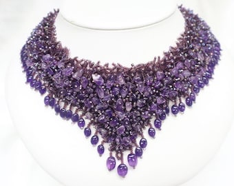 Vintage Handmade Woven Seed Bead & Amethyst V-Design Dangle Neckpiece