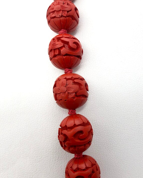 Vintage Carved Cinnabar Bead Necklace with Filigr… - image 5