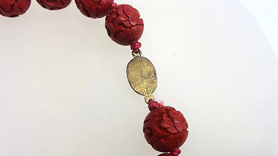Vintage Carved Cinnabar Bead Necklace with Filigr… - image 4